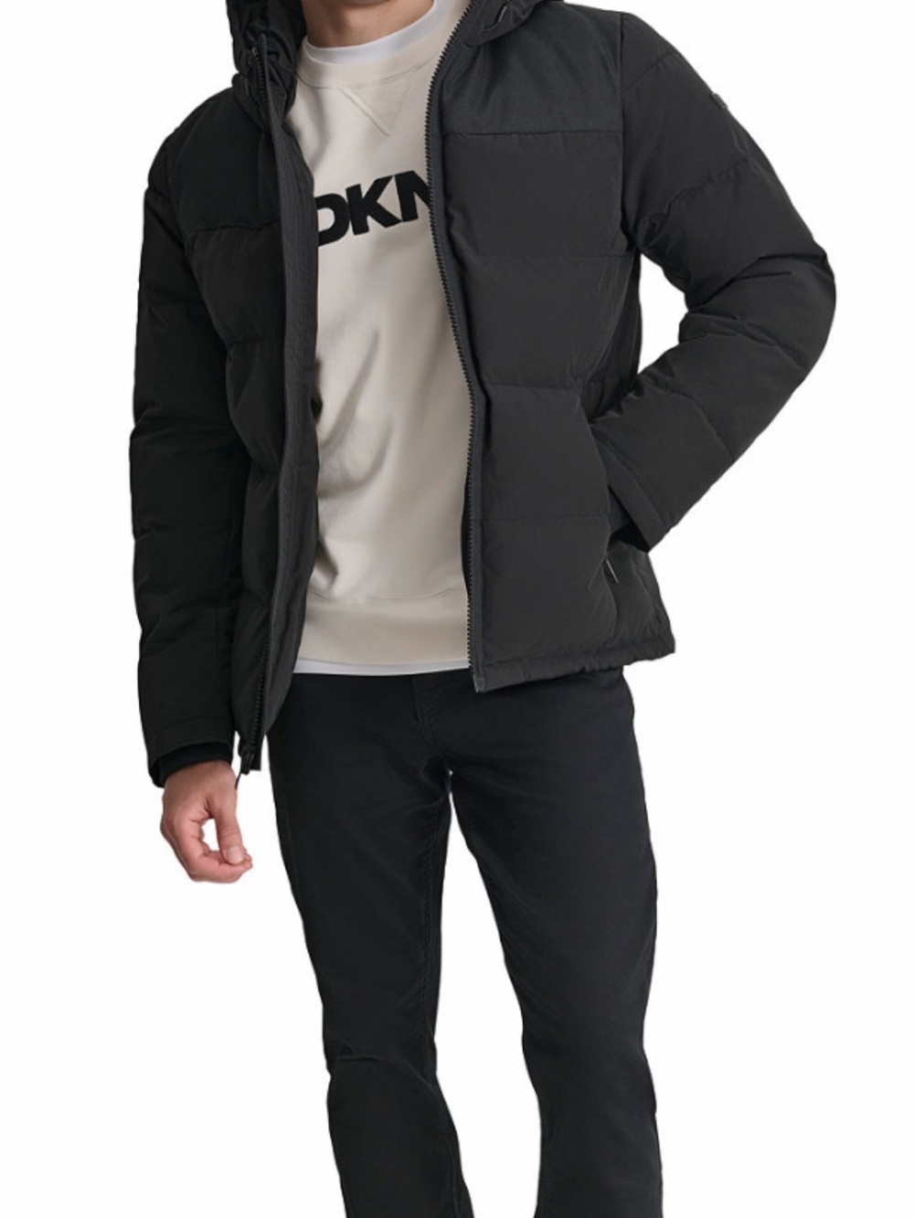 DKNY Men's Black Hooded Mixed-Media Puffer Jacket